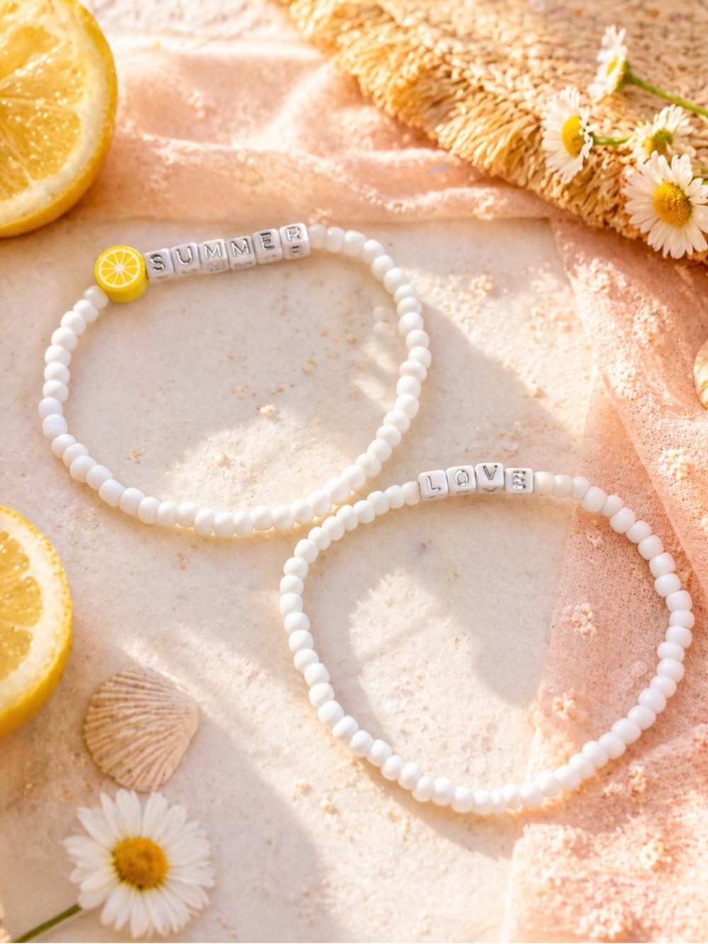 Summer Love Beaded Bracelet Set | White Minimalist Lemon Word Bracelets 9”